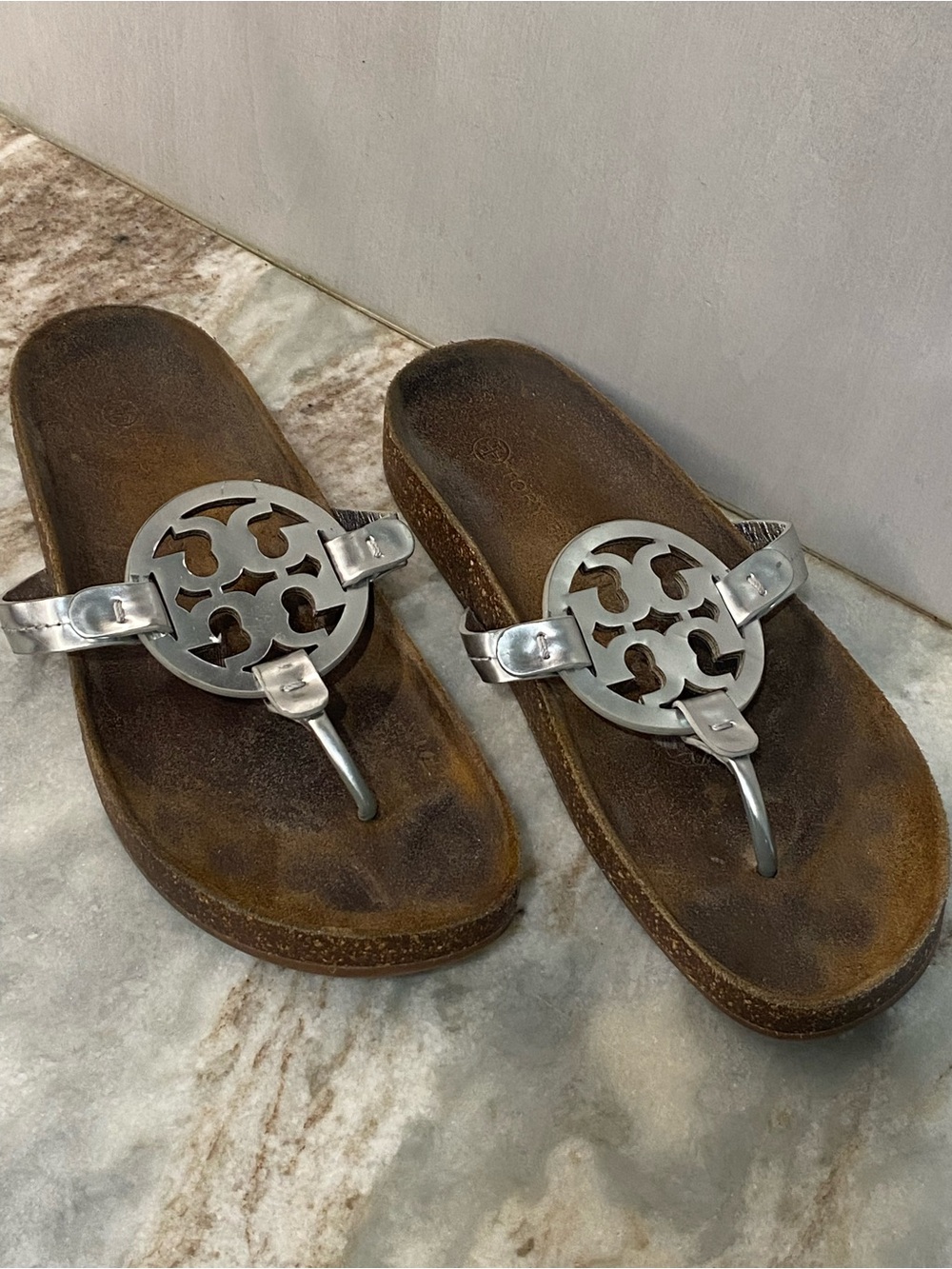 Tory Burch Miller Cloud Sandals Metallic Silver Leather 9.